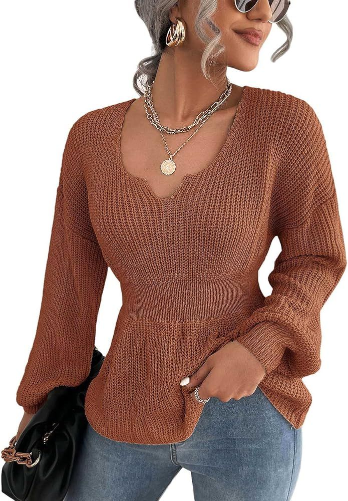 Hotouch Womens Sweater Pullovers Notched Neck Bishop Sleeve Ribbed Knit Sweater,Brown,Large at Am... | Amazon (US)