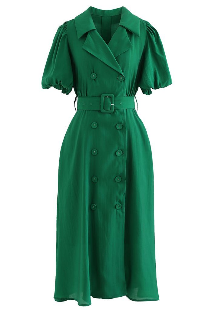 Double-Breasted Puff Sleeve Trench Dress in Green | Chicwish
