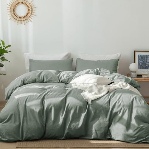 MooMee Bedding Duvet Cover Set 100% Washed Cotton Linen Like Textured Breathable Durable Soft Comfy (Heathered Green, Oversized Queen 98"x98") | Amazon (CA)