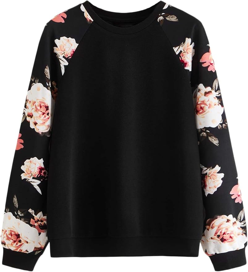 Romwe Women's Floral Raglan Sleeve Round Neck Sweatshirt | Amazon (US)