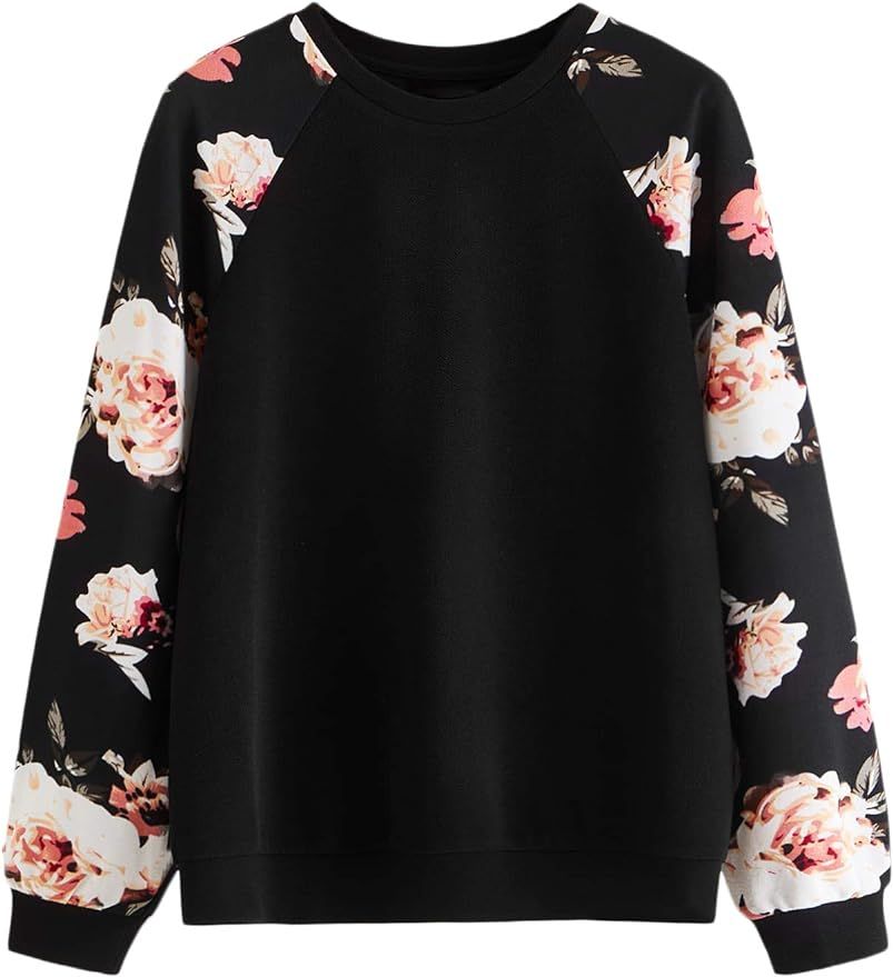 Romwe Women's Floral Raglan Sleeve Round Neck Sweatshirt | Amazon (US)