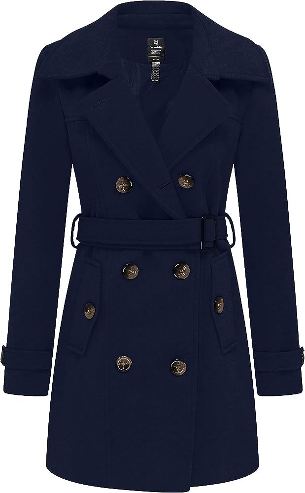 wantdo Women's Double Breasted Pea Coat Winter Mid-Long Trench Coat with Belt | Amazon (US)