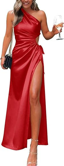 PRETTYGARDEN Women's 2023 Summer One Shoulder Satin Dress Cutout High Split Cocktail Wedding Gues... | Amazon (US)