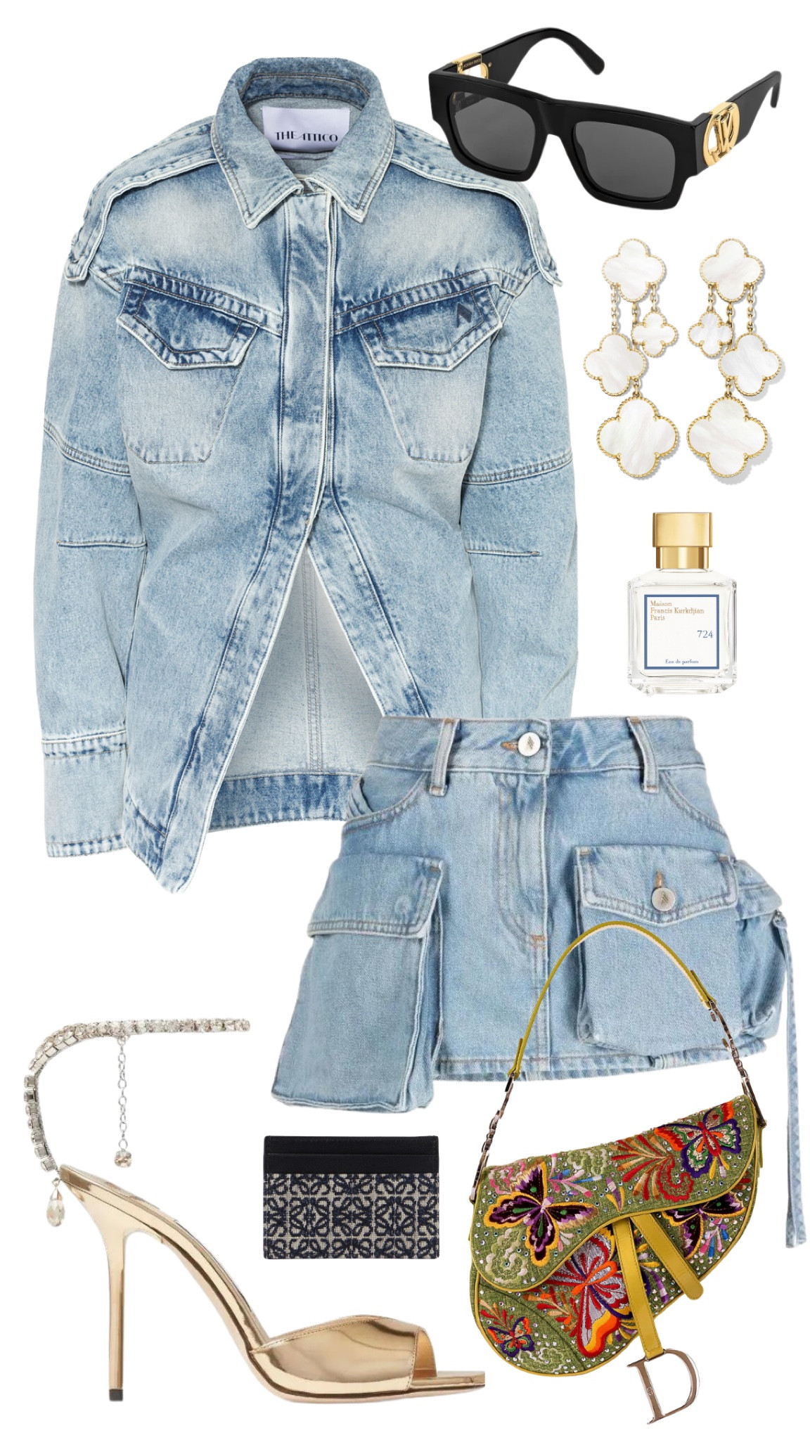 the attico denim shirt and skirt 
jimmy choo sandals 
dior vintage saddle bag 
loewe anagram card holder 
louis vuitton sunglasses 
van cleef and arpels earrings 
MFK 724 perfume 

#LTKfit #LTKHoliday #LTKSeasonal