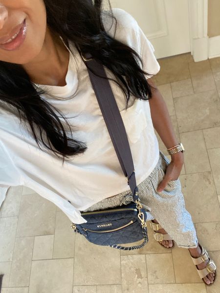 Casual spring outfit of the day. Pull-on pants are easy to wear linen cotton blend. I stayed true to size. Slide sandals. Denim crossbody bag. Tennis necklace 