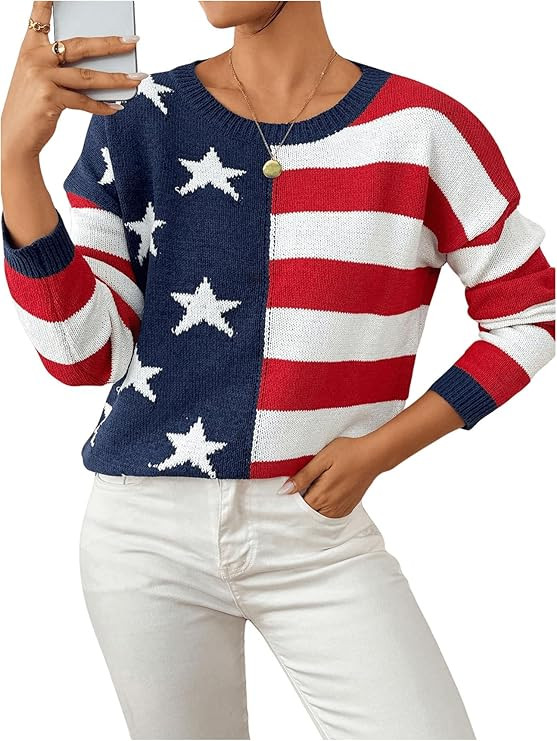 SweatyRocks Women's American Flag Sweater USA Star Striped Knit Sweater Crew Neck Pullover Long S... | Amazon (US)