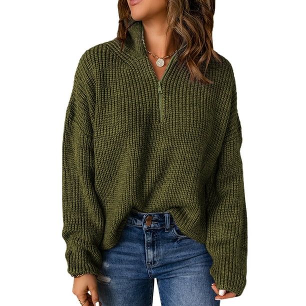 AlvaQ Sweaters for Women Waffle Knit Long Sleeve 1/4 Zip Pullover Polo V Neck Sweater Tops | Walmart (US)