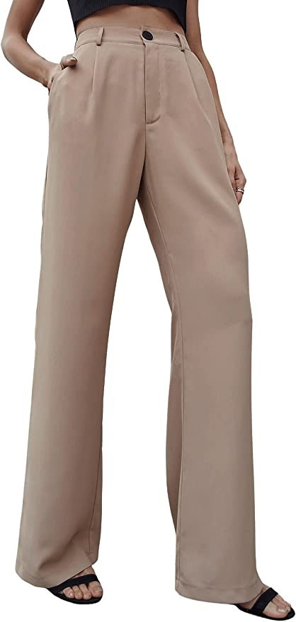 SweatyRocks Women's Casual Wide Leg High Waisted Button Down Straight Long Trousers Pants | Amazon (US)