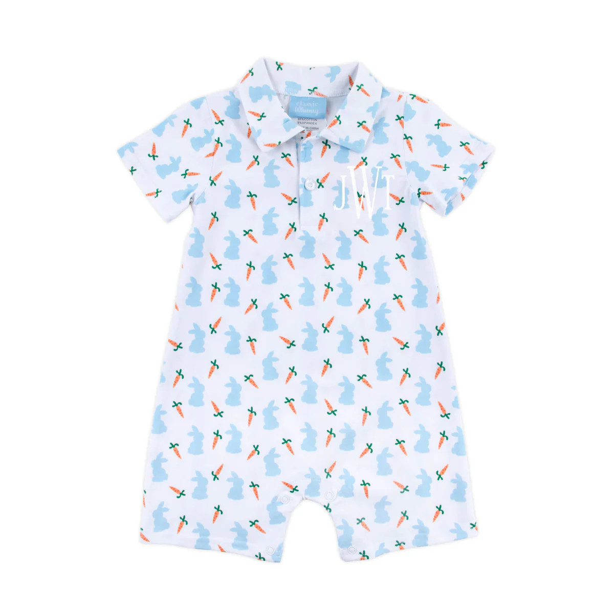 Bunnies & Carrots Blue Polo Romper | Classic Whimsy