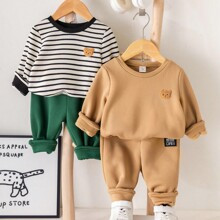 pcs Baby BoyGirl AutumnWinter Cute Piece Set Black White Striped Patchwork Sweatshirt Cartoon Bear Pattern Sweatshirt Pants Thicken Fleece Lined Sui | SHEIN