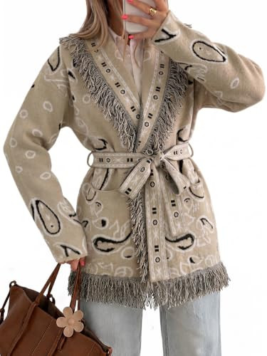 Tankaneo Womens Fringe Cardigan Long Sleeve Paisley Sweaters with Belt | Amazon (US)
