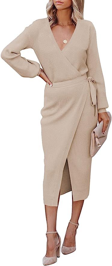 TOLENY Women Sexy V Neck Long Sleeve Tie Waist Ribbed Knitted Wrap Split Long Bodycon Sweater Dre... | Amazon (US)