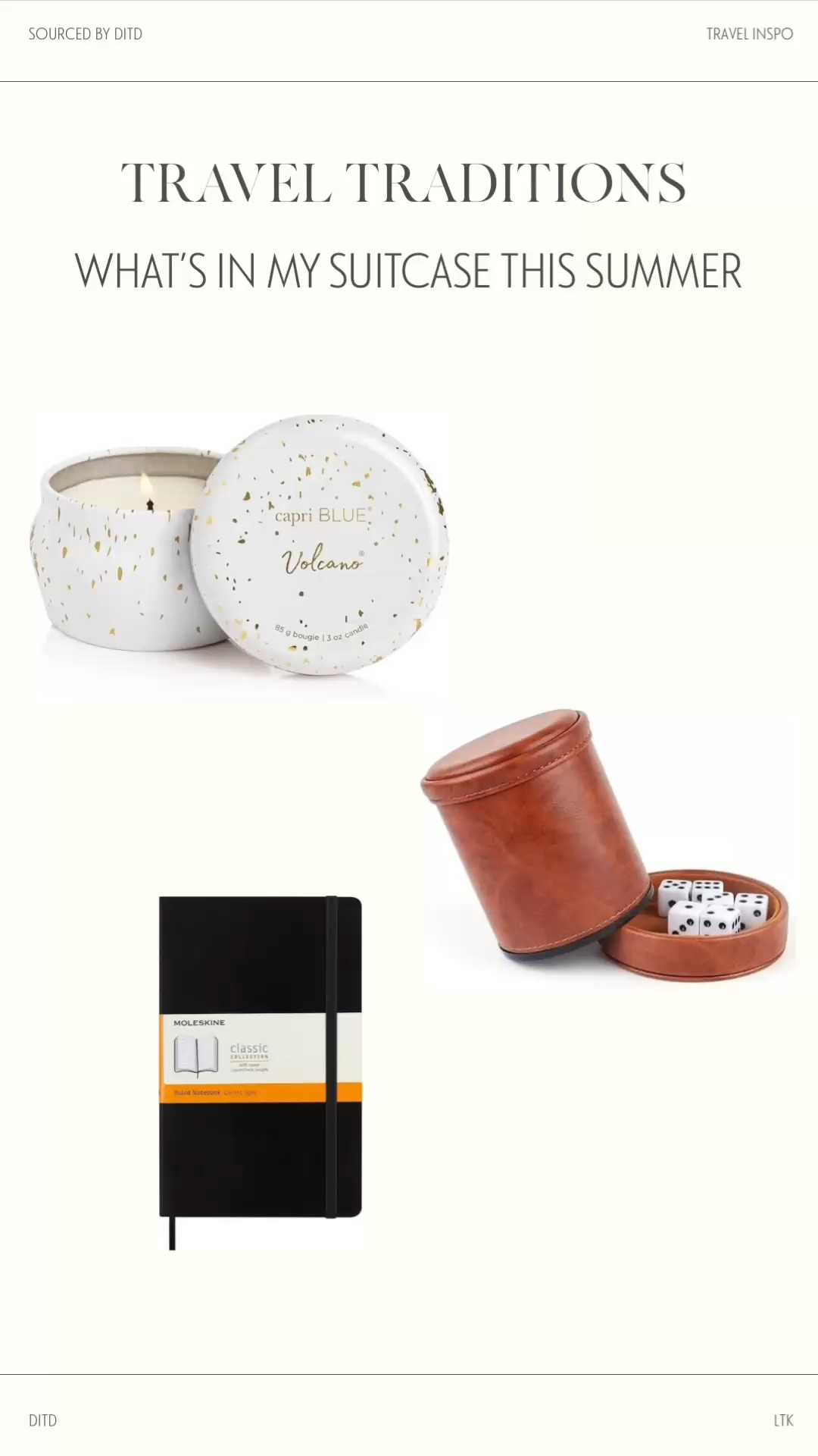 Traveling is one of my favorite ways to connect as a family. One of my favorite traditions? I always bring a lightweight candle, a game and a journal to jot down our favorite memories and funny moments. Tag us if you bring any of these items with you on your travels! #DITDTravel

#LTKFindsUnder50 #LTKTravel #LTKSummerEdit
