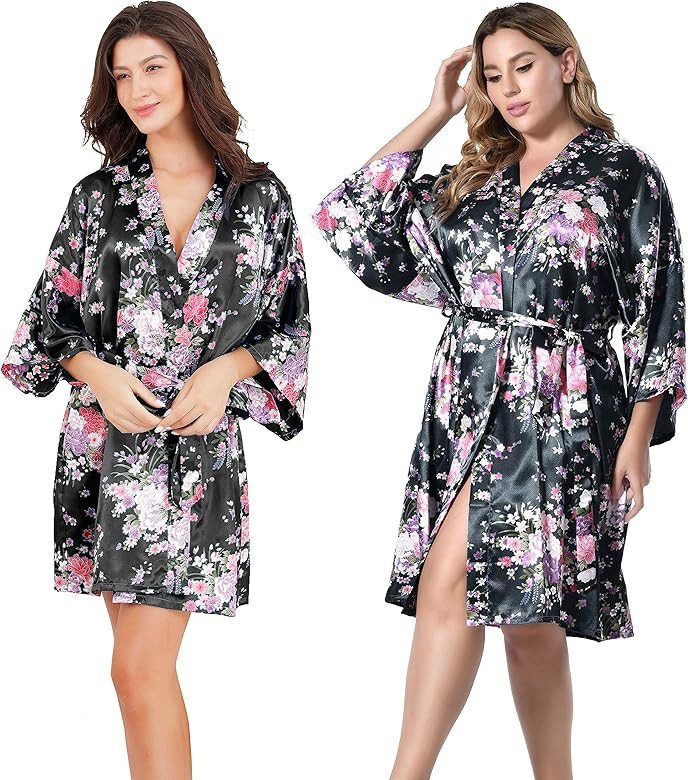 EPLAZA Women Floral Satin Robe Bridal Dressing Gown Wedding Bride Bridesmaid Kimono Sleepwear | Amazon (US)