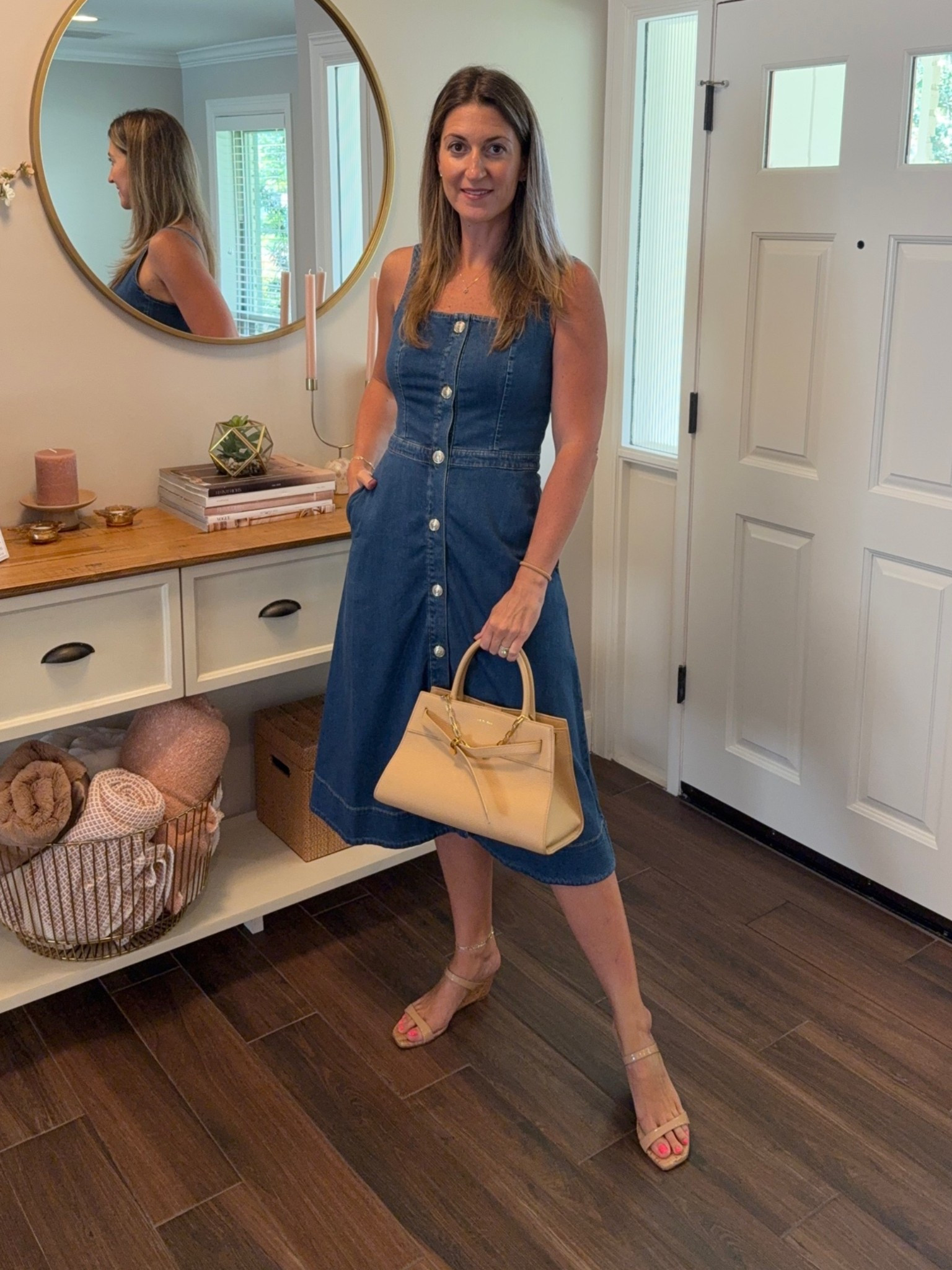 The denim dress midi dress will be on high rotation this summer. Loving the structure, fitted waist, midi length and of course, the pockets. Available in size 00-18 and under $200! Finish with a nude sandal.

#LTKootd #LTKOver40 #LTKWorkwear