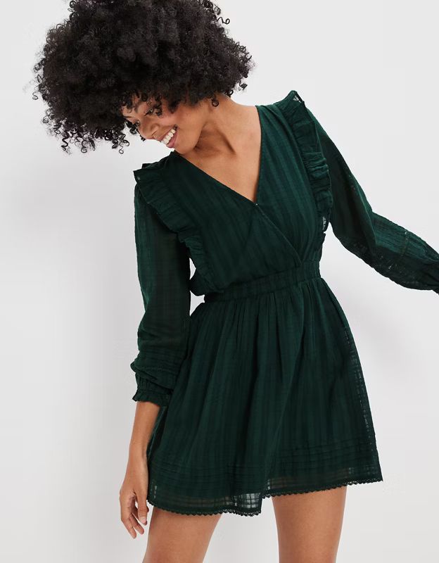 AE Ruffle Wrap-Front Plaid Mini Dress | American Eagle Outfitters (US & CA)