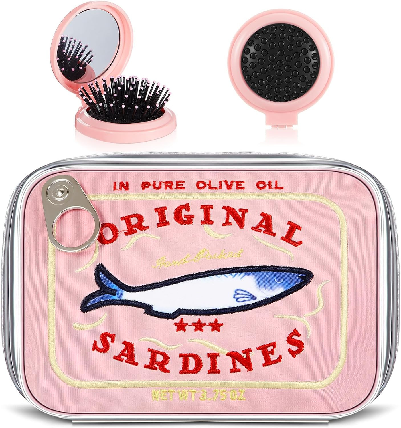 Amazon.com : Reginary 2 Pcs Pink Canned Sardines Makeup Bag and Mini Hair Brush with Mirror Cute ... | Amazon (US)