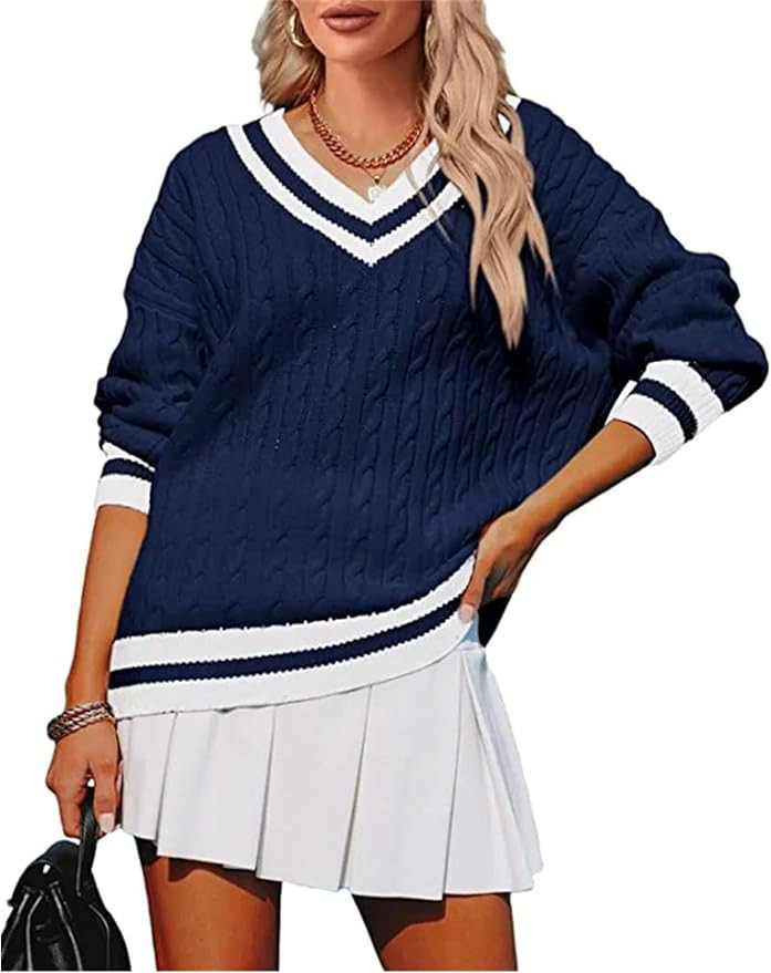 InterNos Women's Casual V Neck Long Sleeve Sweater Trendy Striped Pullover Cable Knit Preppy Swea... | Amazon (US)