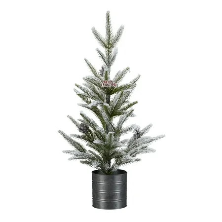Holiday Time Pine Flocked Tree with Black Metal Bucket Christmas Decoration, 24" | Walmart (US)