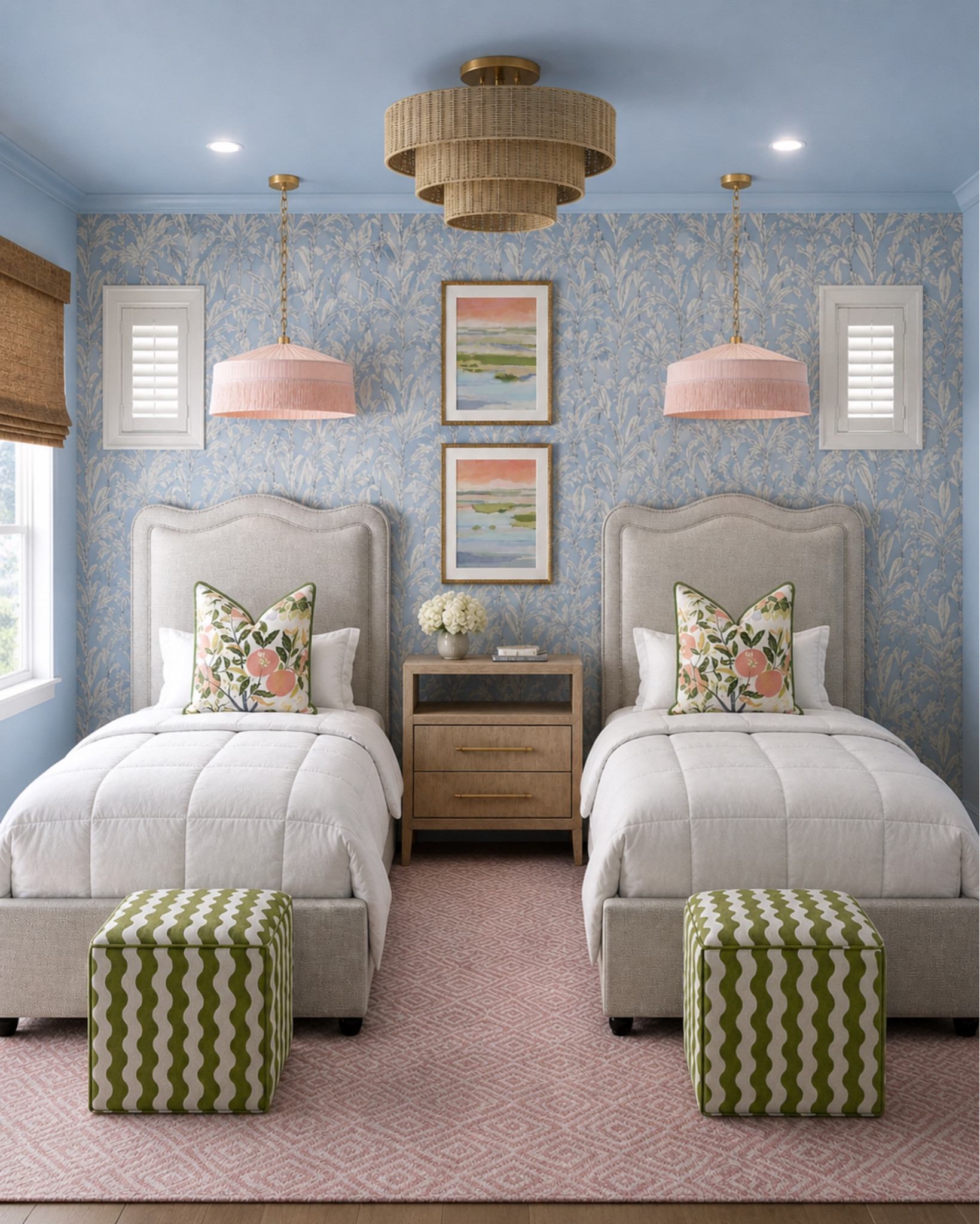 Playing with some wallpaper ideas for this girls shared room at a beach house!! Love the blue pink and greens in this twin bedroom design! So fun and preppy and coastal! 

#LTKdayinmylife #LTKSaleAlert #LTKHome