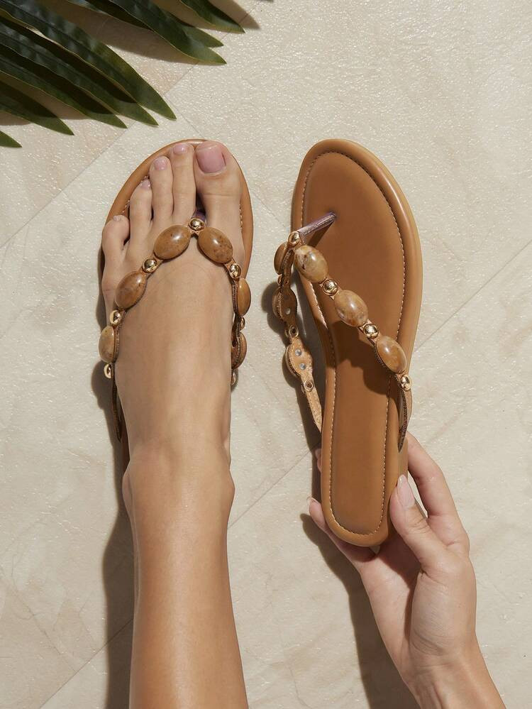 SHUZIA Women's Fashion Casual Comfy Thone Flat Sandals With Gemstone Decor -Punk Chic, Edgy & Summer Shoes | SHEIN USAu | SHEIN