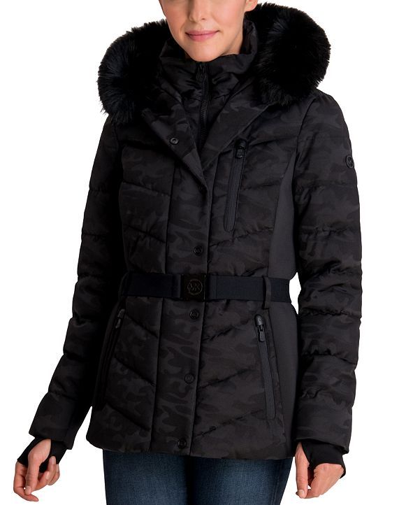 Camo Belted Faux-Fur Trim Hooded Puffer Coat | Macys (US)