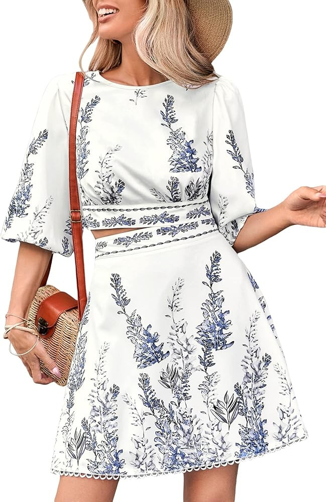 Floerns Women's Two Piece Outfit Boho Lantern Sleeve Blouse Top with Skirt Set | Amazon (US)