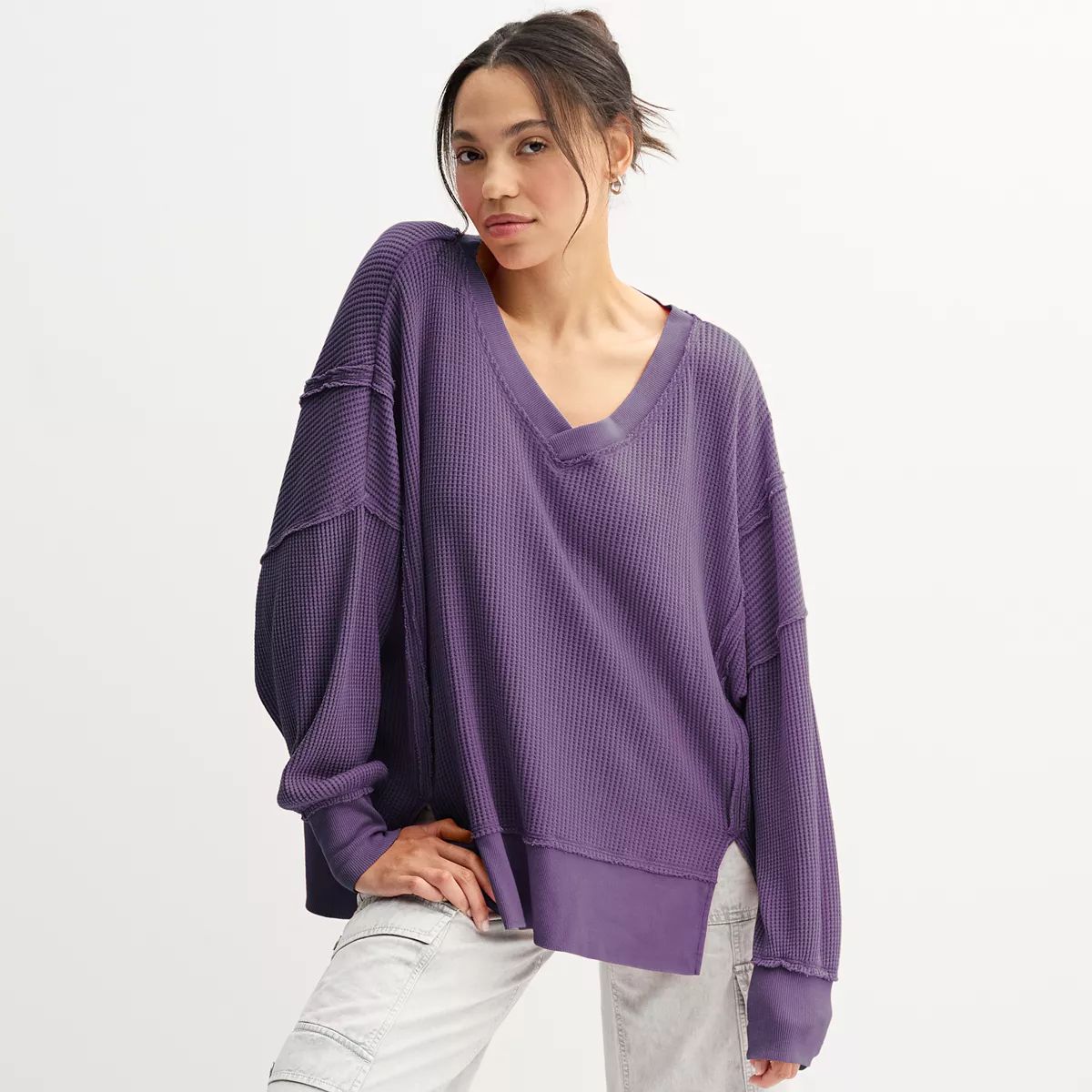 Juniors' SO® Oversized Waffle V Neck Top | Kohl's