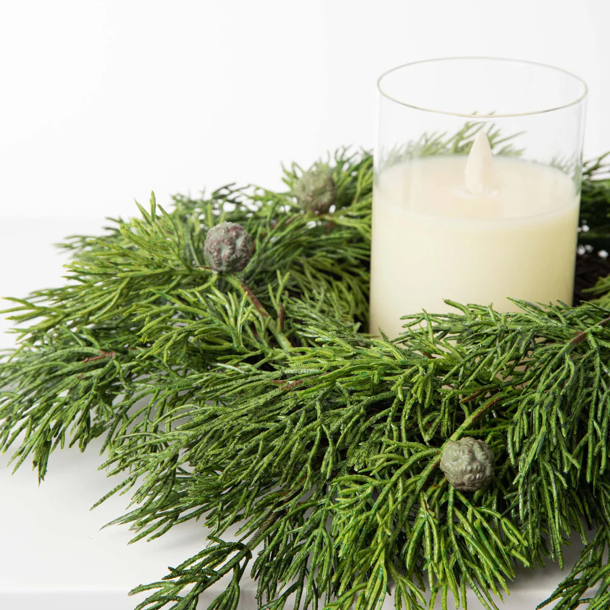 Real Touch Juniper Berry Faux Greenery Holiday Décor Accent Mini Candle Wreath Centerpiece | Darby Creek Trading