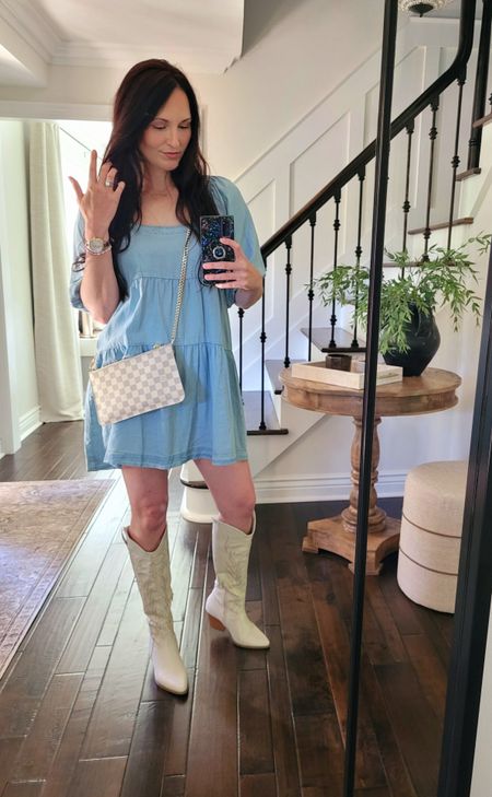 Sunday ootd, country concert outfit,  denim dress,  chambray, western boots,  cowboy boots,  summer dresses

