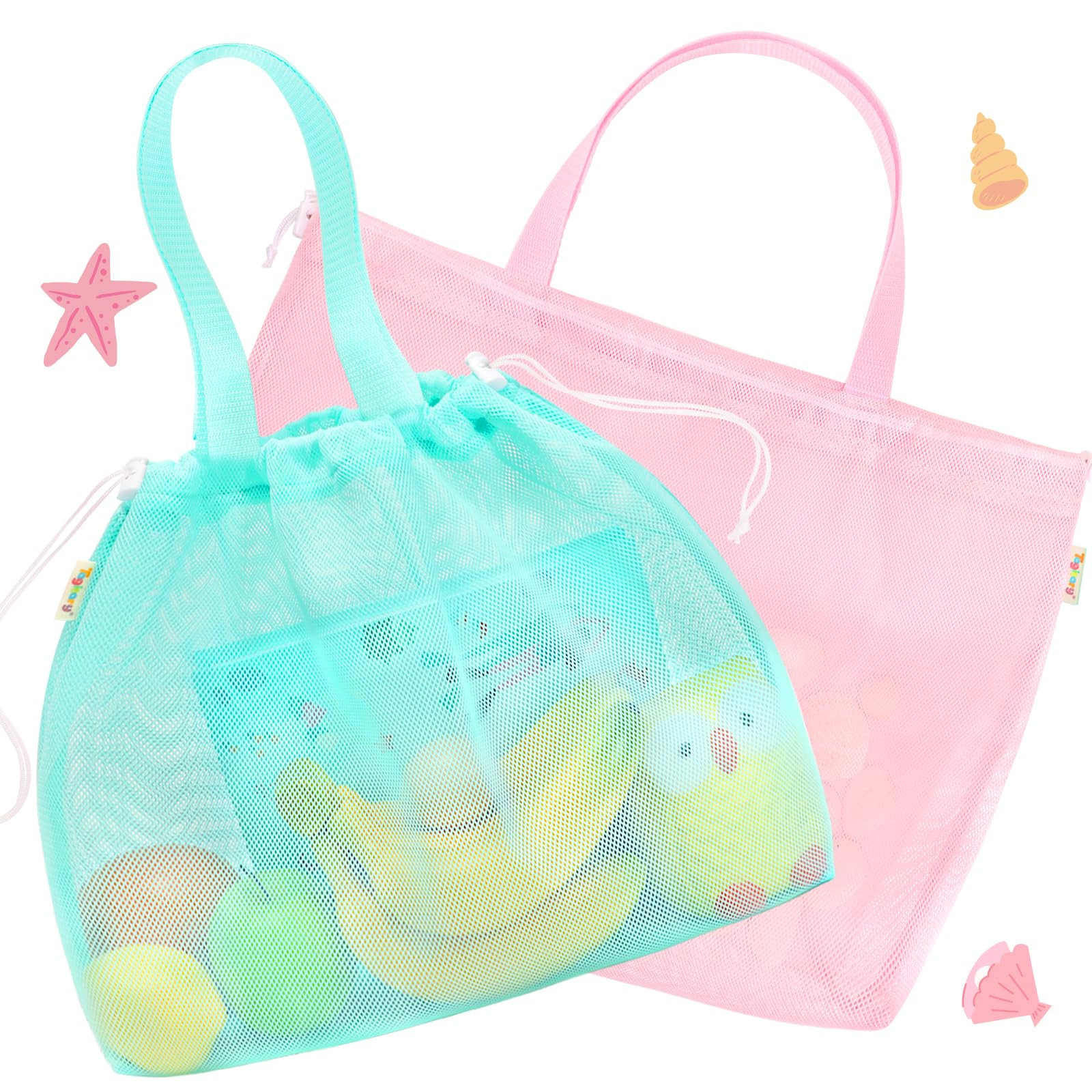 Tagitary Beach Toys Kids Beach Bag Tote with Drawstring, Pink Blue Mesh Bag Travel Beach Essentia... | Amazon (US)