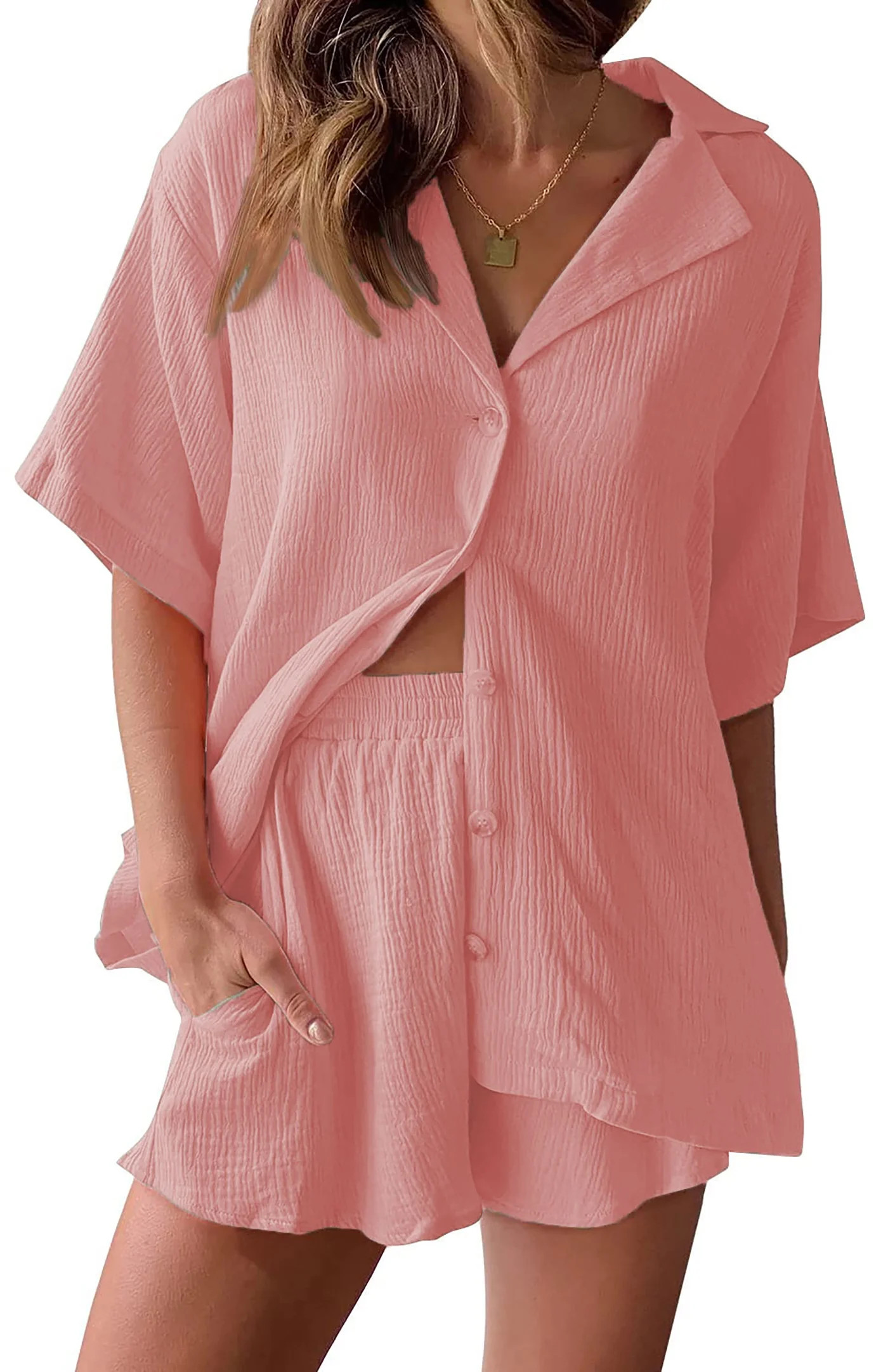 Fantaslook 2 Piece Lounge Sets for Women Button Down Shirts and Shorts Casual Set Short Sleeve Su... | Walmart (US)