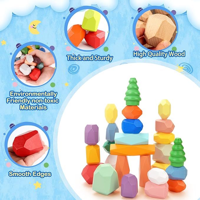 40PCS Wooden Stacking Rocks, Montessori Toys for 1 2 3 Year Old, Stacking Toys for Toddlers 1-3, ... | Amazon (US)
