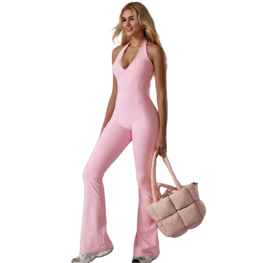 Women Workout Scrunch Flare Jumpsuits Lace Deep V Hanging Neck Halter Backless Butt Lift Gym Yoga... | Amazon (US)