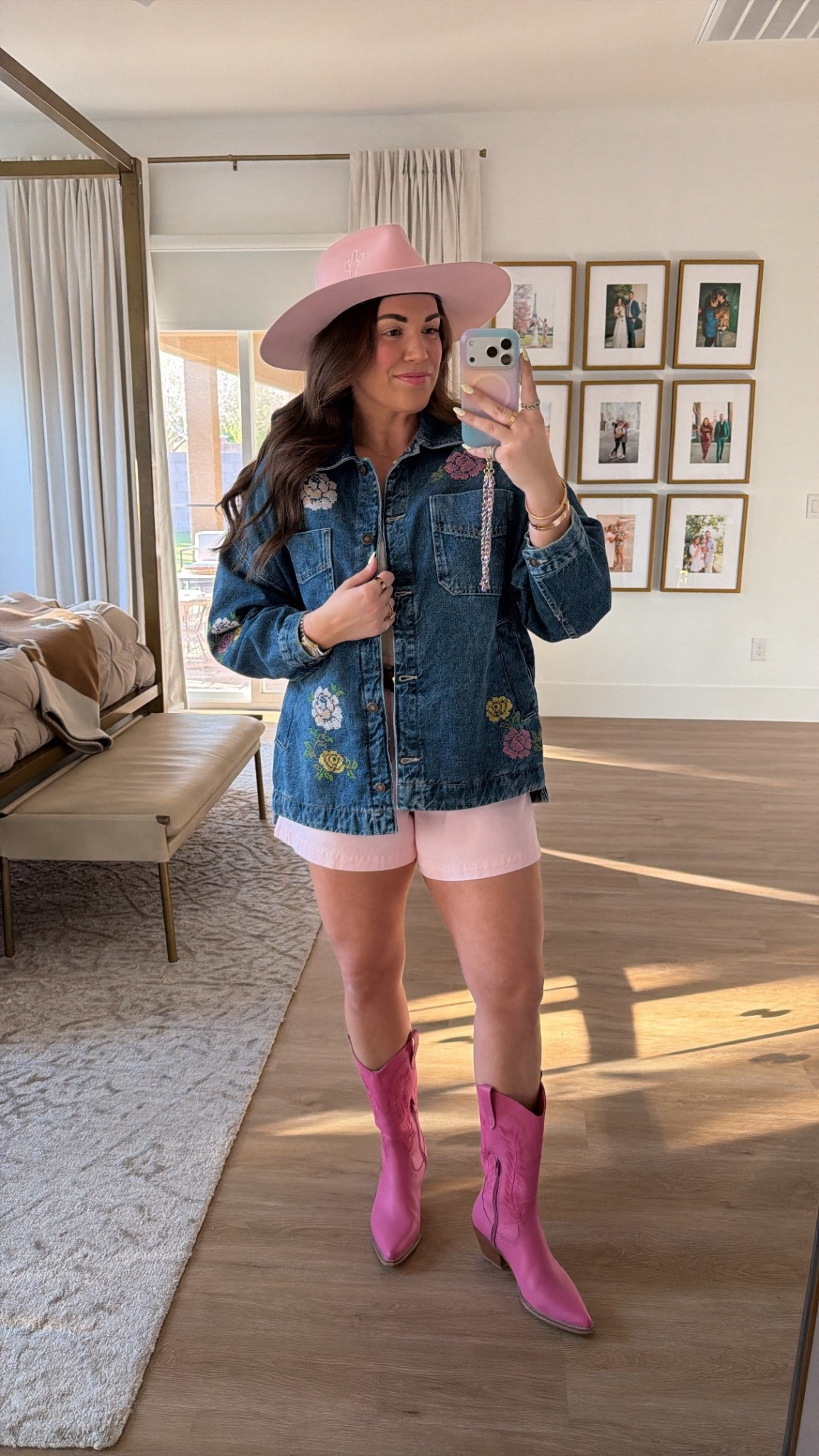 what i wore for my Boots & Blooms mahjong night 🌸🤠🀄️ wearing size small in denim jacket (runs very oversized), size large in lace top, and size 30 in blush shorts. pink boots and hat are old, i’ll link similar 

#LTKMidsize #LTKdayinmylife #LTKSeasonal