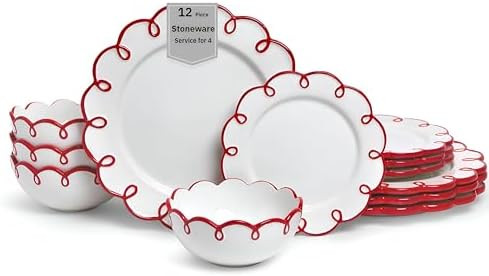 Sango 12-Piece Earthenware Dinnerware Set for 4, Glossy White Plates and Bowls Sets with Red Scal... | Amazon (US)