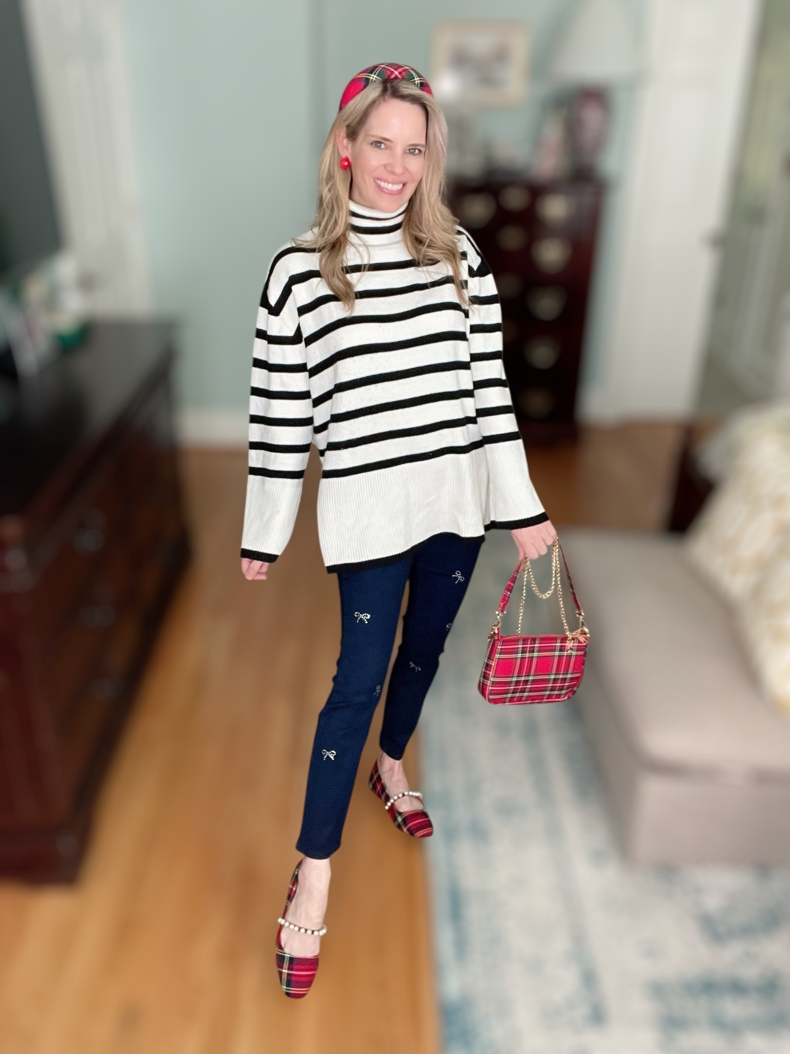 ✨ Holiday Prep in Plaid & Stripes 🎀
A classic mix of Parisian chic meets festive cheer! My black-and-white striped turtleneck pairs perfectly with these darling embroidered bow jeggings 👖 (wearing girls XL but could have done girls L). I tied it all together with red tartan accessories — the cutest plaid flats 👠, matching bag 👜, and a holiday headband 🎄. Cozy, comfy, and totally Merry & Chic!

🛍️ Shop the Look:
	•	Striped turtleneck sweater (Amazon)
	•	Embroidered bow jeggings (Walmart)
	•	Tartan plaid flats (Mint Julep Boutique)
	•	Plaid crossbody bag (Amazon)
	•	Red tartan padded headband (Amazon)
	•	Red flower stud earrings (Amazon)
	•	TAG Heuer watch (Ben Bridge Jeweler)


holiday outfit inspo, plaid flats, tartan bag, striped turtleneck sweater, festive headband, cozy chic style, winter fashion ideas, Walmart fashion, Amazon finds, holiday style guide, preppy holiday outfit, Christmas plaid accessories


#LTKHoliday #LTKShoeCrush #LTKFindsUnder50

#LTKHoliday #LTKItBag #LTKShoeCrush