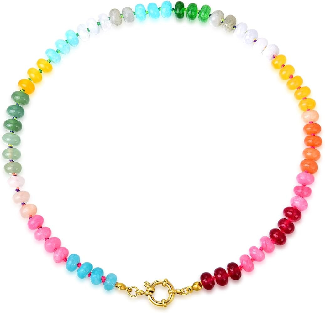 Beaded Gemstone Necklace For Women, Boho Beaded Choker Necklace, Rainbow Gemstone Beaded Necklace... | Amazon (US)