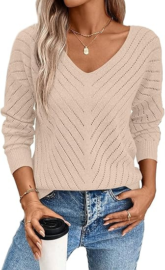 SHEWIN Womens Sweaters V Neck Long Sleeve Shirts Knit Hollow Out Crochet Sweater Fall Outfits for... | Amazon (US)