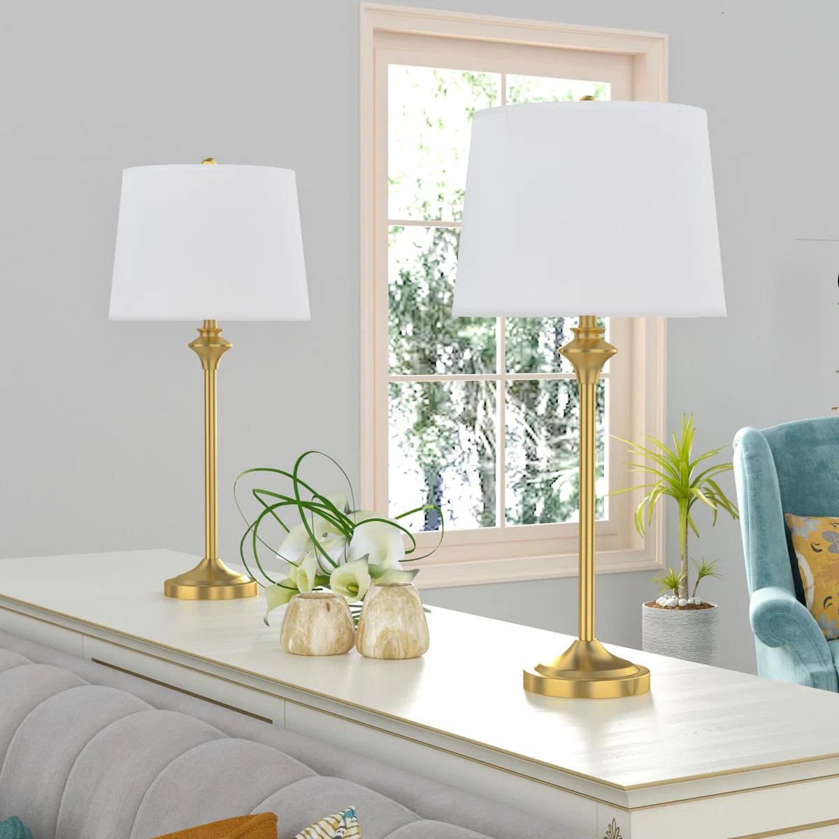 Lolley 26" Modern Polished Brass Metal Table Lamp with Knob Switch and Linen Shade (Set of 2) | Wayfair North America
