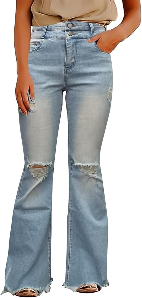 Flamingals Flare Bell Bottom Jeans for Women Raw Hem High Waist | Amazon (US)