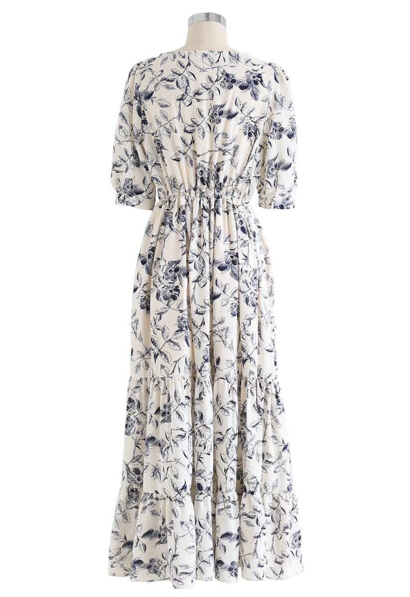 Navy Floral Frilling Wrapped Dress | Chicwish