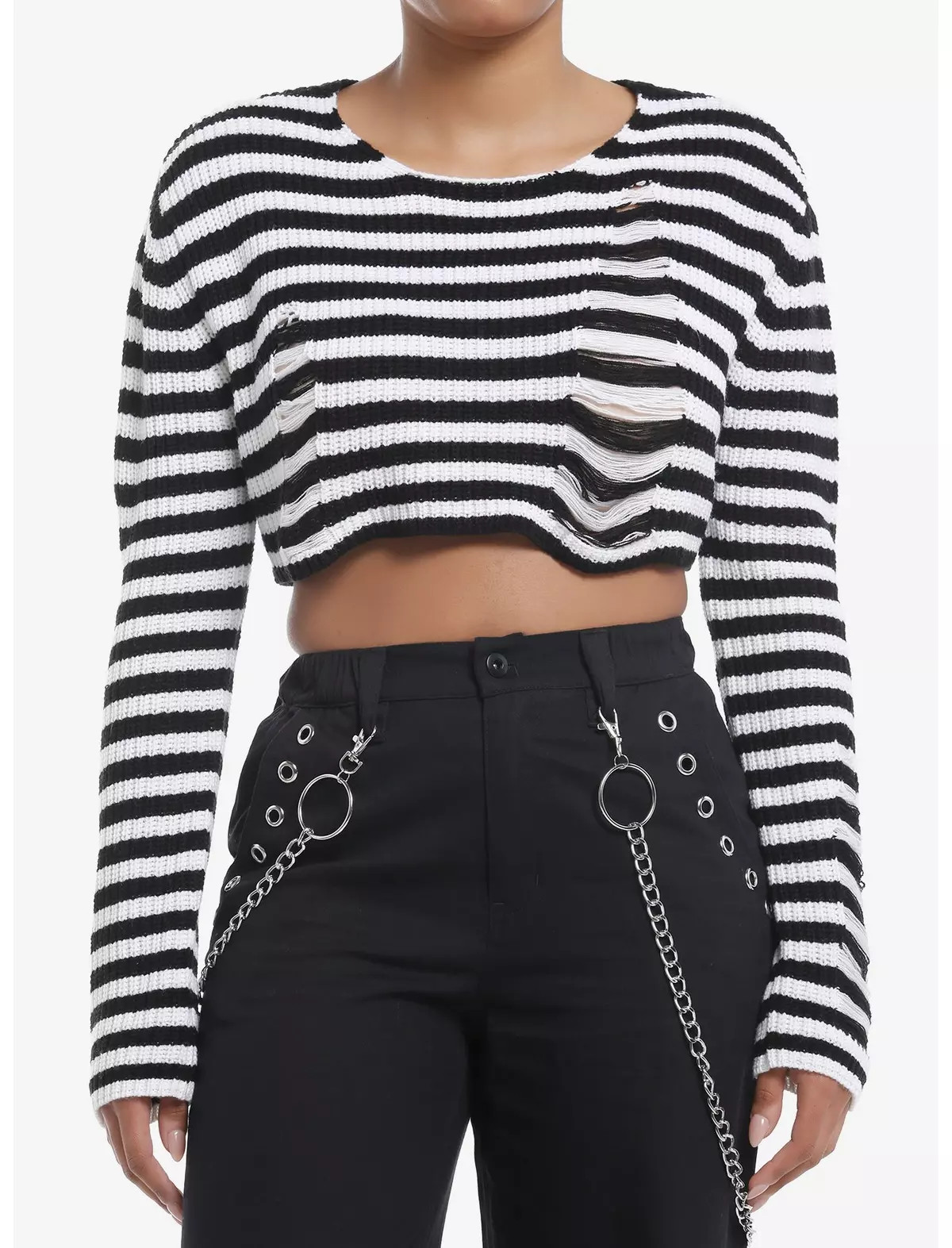 Social Collision Black & White Stripe Destructed Girls Crop Sweater | Hot Topic