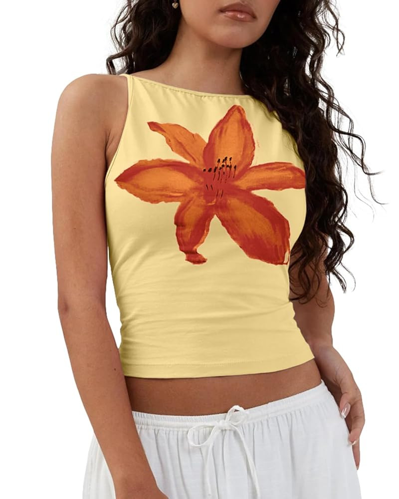 Cioatin Women Cute Yellow Floral Print Crop Tank Tops Sleeveless Slim Fit Cotton Y2K Aesthetic Pr... | Amazon (US)