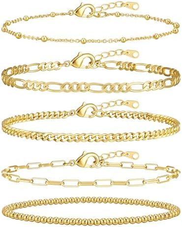 adoyi Gold Bracelets for Women, 14K Gold Plated Stackable Bracelet Stack Set Adjustable Charm Pap... | Amazon (US)