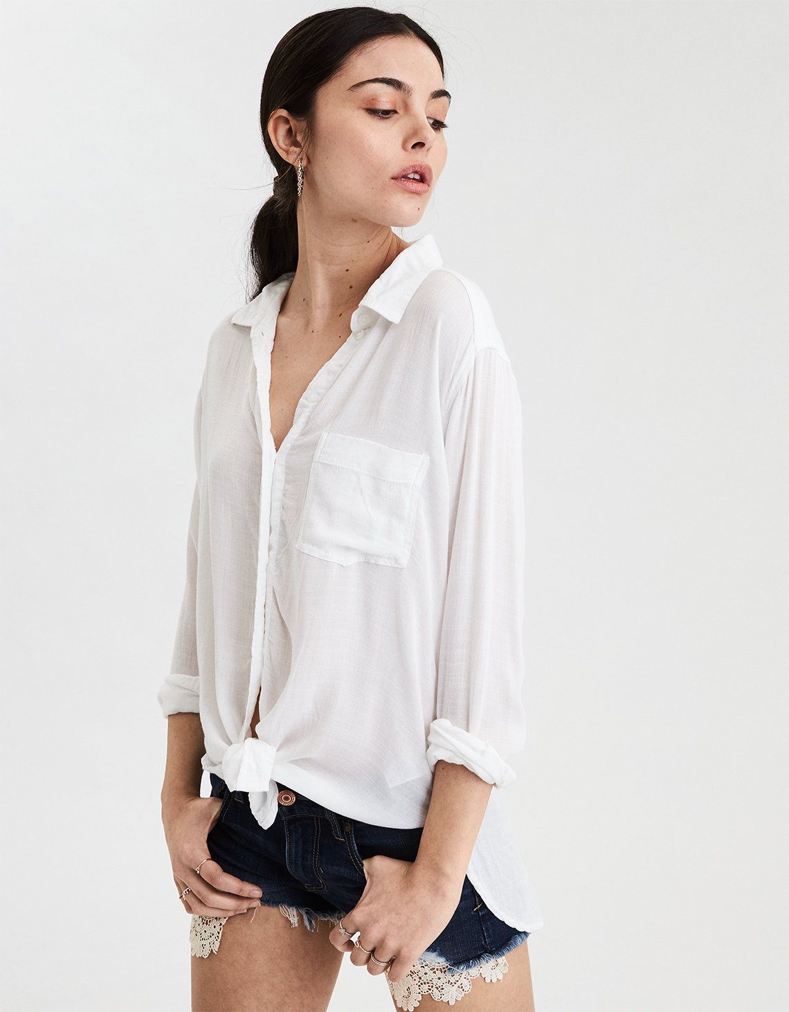 AE Tie-Front Buttondown Shirt, White | American Eagle Outfitters (US & CA)