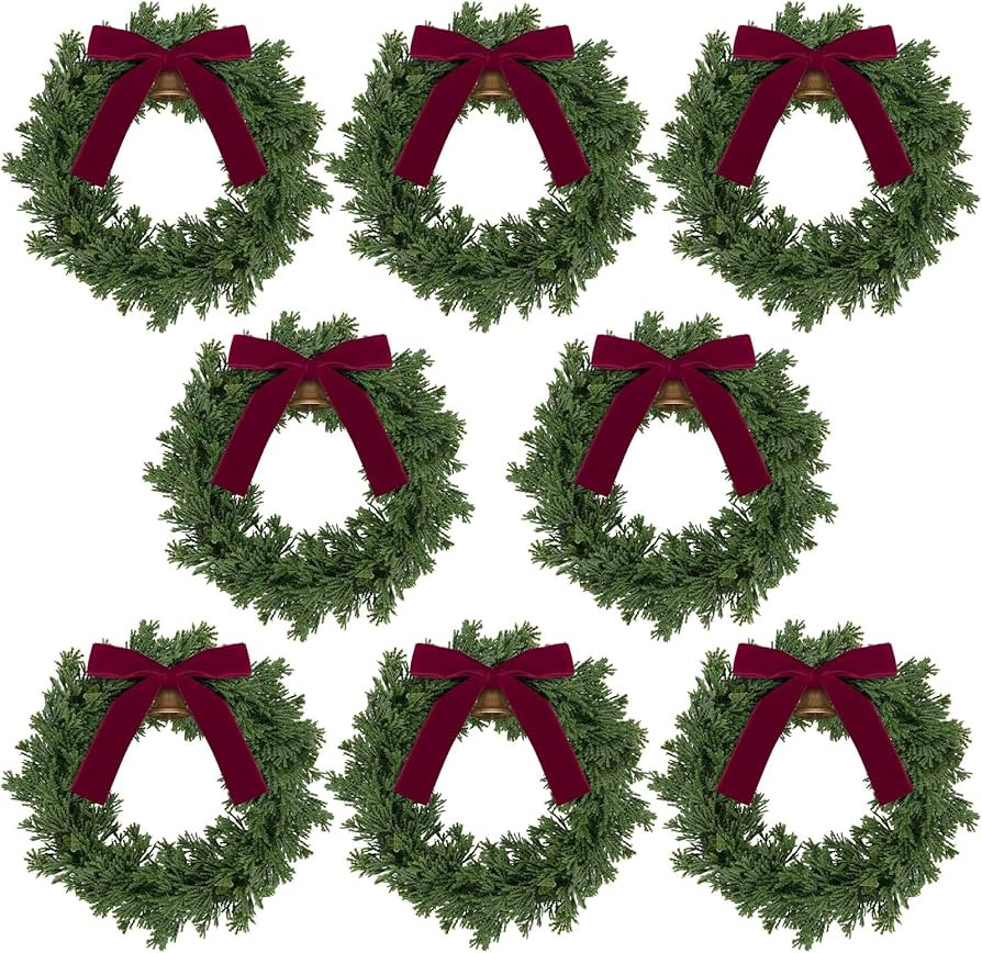 Dingion 8 Pcs Christmas Wreath Decorations 10 x 10 Inches Christmas Cabinets Wreaths with Red Rib... | Amazon (US)