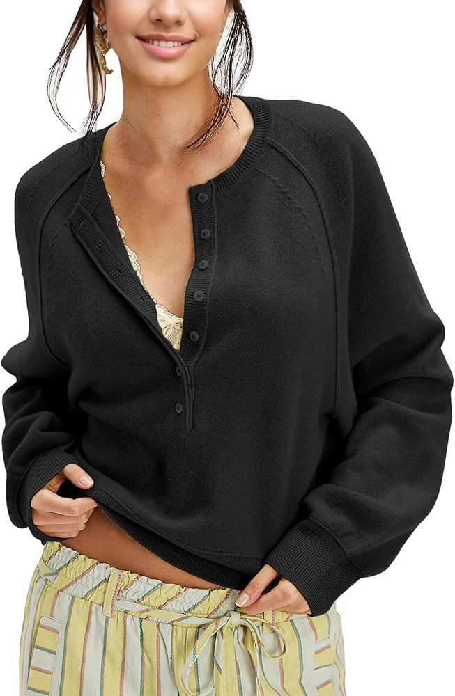 Women's Half Button Down Pullover Knit Sweater Casual Henley Long Sleeve Tunic Tops Loose Fit Tre... | Amazon (US)