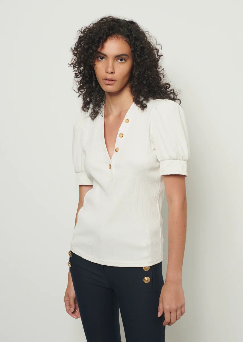 Heather V-Neck Puff Sleeve T-Shirt - Off White | Derek Lam