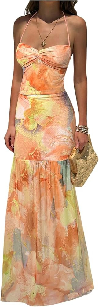 Floerns Women's Floral Mesh Halter Backless Boho Maxi Dress Spaghetti Strap Vacation Long Dresses | Amazon (US)